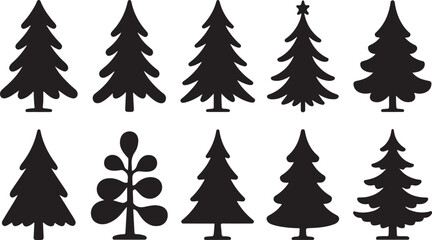 Fototapeta premium A diverse collection of Christmas tree silhouettes. A set of black isolated graphic icons representing various evergreen fir trees for the holidays.