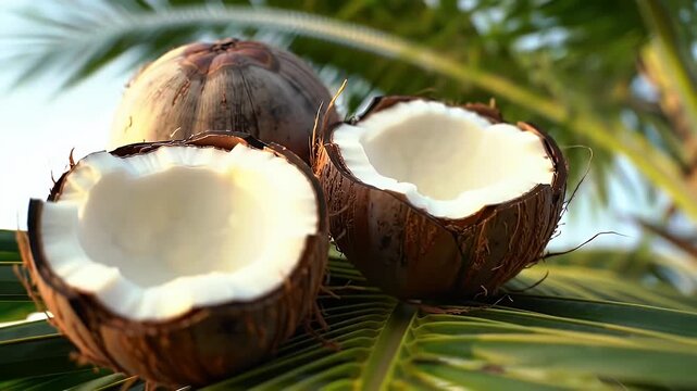 Close Up of Whole and Halved Coconuts on Palm Fronds With Tropical Trees and Sky in Background During Daytime