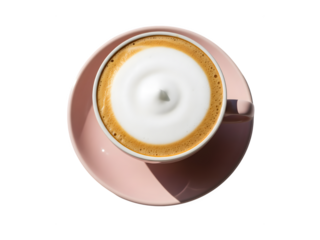 A top-down shot of steaming coffee topped with milk foam, sitting on a pink saucer on a marble surface. Close-up view.


