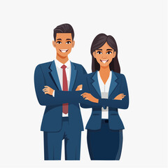 Minimalist vector illustration of a business duo in formal suits, crossing their arms and looking confident, corporate style with a pure white backdrop