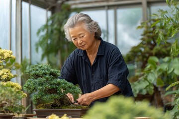 woman, working carefully on bonsai tree, greenhouse garden, precision hands. Generative AI