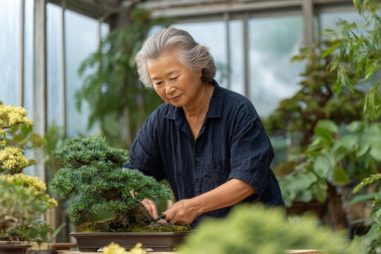 woman, working carefully on bonsai tree, greenhouse garden, precision hands. Generative AI
