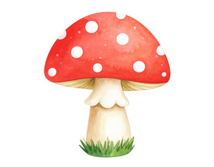 Obraz premium Vibrant red fly agaric mushroom with white spots a charming watercolor illustration.