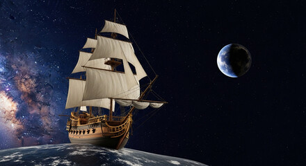 A majestic vintage sailing ship embarks on a surreal voyage through the cosmos, navigating a celestial sea of stars.