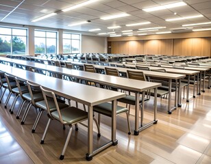 Long rows of simple tables and chairs fill a bright, spacious room with large windows