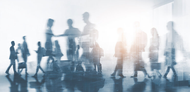 A group of people walking in a city with a blurry background