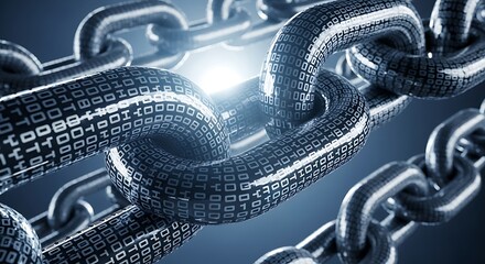 A closeup view of a chrome chain with binary code etched onto it against a dark background