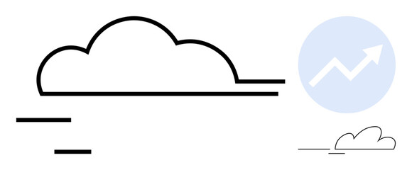 Cloud with minimal straight lines and progress arrow in circle symbolizing growth, technology, and data flow. Ideal for innovation, business growth, cloud computing, analytics, development