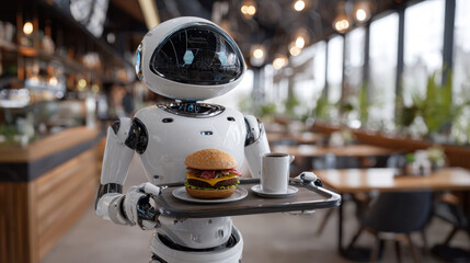 Robot Server Carrying Burger and Coffee in Modern Café