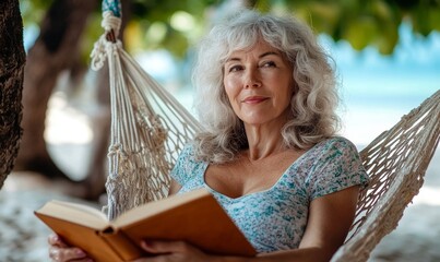 Happy senior woman reading a book in a hammock on a summer beach holiday vacation, Generative AI