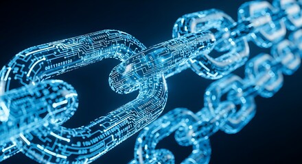 A glowing digital chain made of interconnected links on a dark background