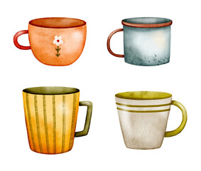 Autumn rustic mugs clipart – set of four digital watercolor cups in warm fall colors for cozy seasonal design, packaging, stickers and planner illustrations