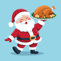 Santa Claus Cartoon Illustration with Turkey