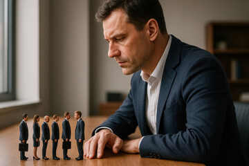 Close-up side view of serious man observing line of tiny businesspeople on wooden table in soft daylight. Concept of power dynamics, recruitment pressure, corporate hierarchy, surreal control.