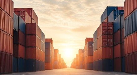 Fototapeta premium A vast container terminal with rows of stacked shipping containers under a cloudy sky at sunset