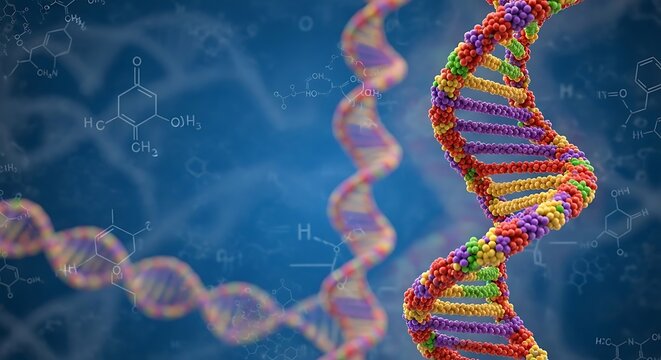 A vibrant DNA double helix model against a blue background with molecular structures - Powered by Adobe