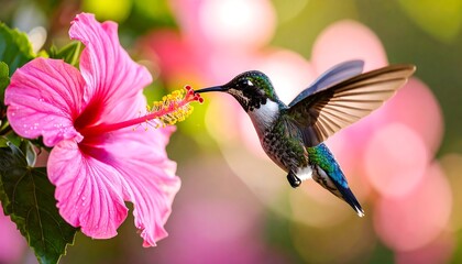 Fototapeta premium Hummingbird in flight, feeding from a vibrant pink hibiscus flower