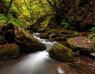 Lush forest stream with rocks