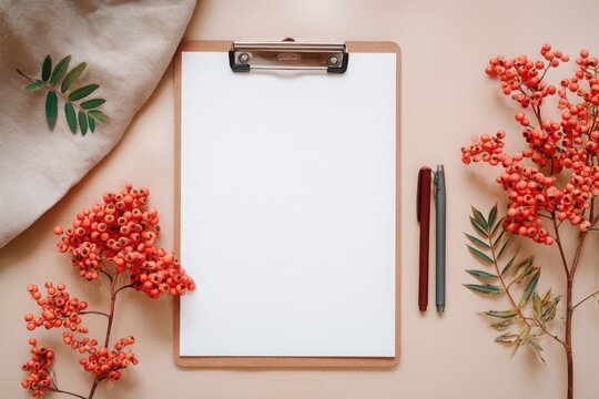 Mockup for design featuring a blank clipboard with floral decorations for autumn. Knowledge Day, September 1st