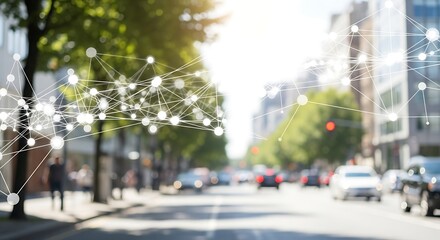 Abstract network overlay on a city street scene