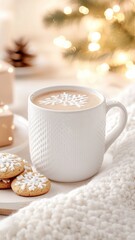 snowflake mug of hot chocolate with White art, gingerbread cookies, and christmas lights creating cozy winter atmosphere