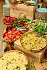A Colorful Array of Freshly Prepared Side Dishes Including Salads, Pasta, and Vegetables Displayed on a Rustic Table for a Vibrant Dining Experience