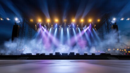 Misty stage draped in before spotlights, dramatic lighting building suspenseful mood colorful theatrical performance begins