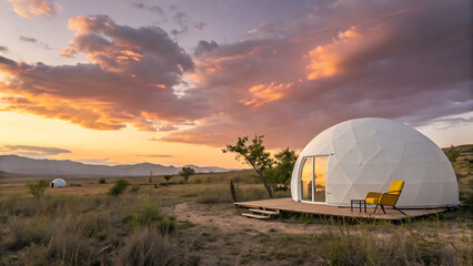 White Bubble Dome and Yellow Chair at Sunset