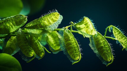 Fototapeta premium Close up of green bladder senna seed pods with white filaments against a dark background