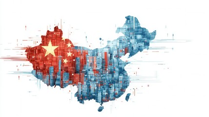 Map of china with its flag symbolizing modern skyscrapers emerging from a digital data stream, and the country's technological and economic growth