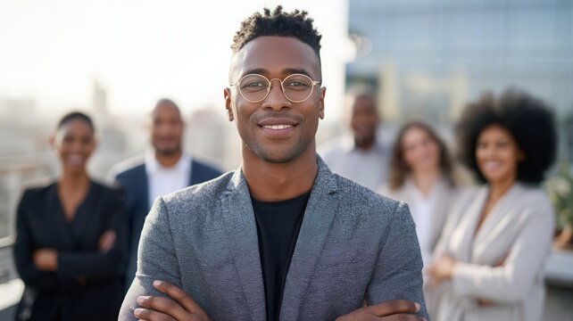 teamwork businessman standing confidently, Professional crossed, leading multicultural team displaying corporate arms and leadership dynamics