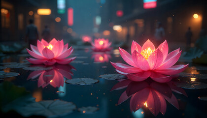 Magical Floating Lotus Lanterns on a Tranquil Urban Pond &ndash; Dreamy Night Scene