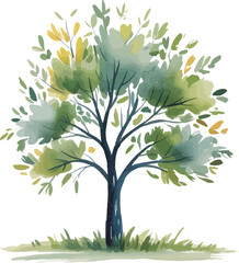 Watercolor illustration of a single tree with a navy blue trunk and soft green foliage on a grassy patch against a white background

