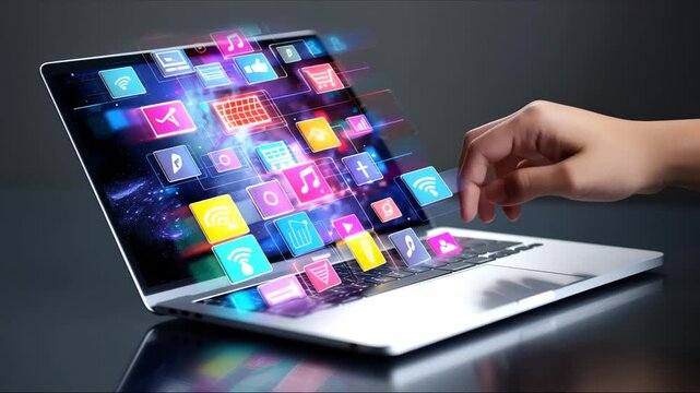 Businessman working on laptop with digital communication icons overlay. Hand selects icons on hologram