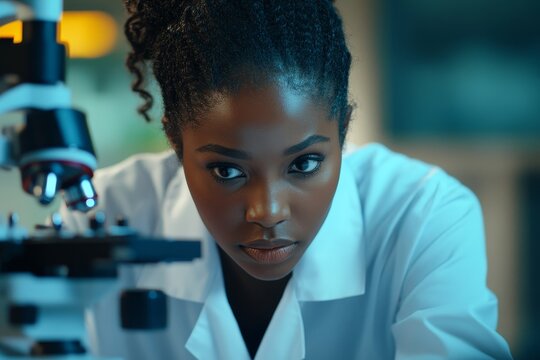 Inclusive portrait of a Black female scientist looking under a microscope, analyzing a medical test sample. Ambitious young biotechnology student specialist working with advanced lab, Generative AI