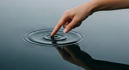 A woman's finger gently touches the calm water's surface, creating concentric ripples and a reflection.