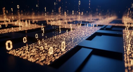 Digital binary code streams illuminated against a dark geometric background