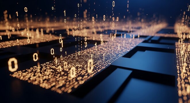 Digital binary code streams illuminated against a dark geometric background