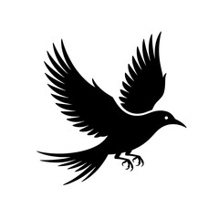 Obraz premium Black bird in flight vector illustration. Monochrome silhouette of a flying bird with spread wings, detailed feathers, and claws. Simple, elegant avian design element for logos, icons, and nature-them
