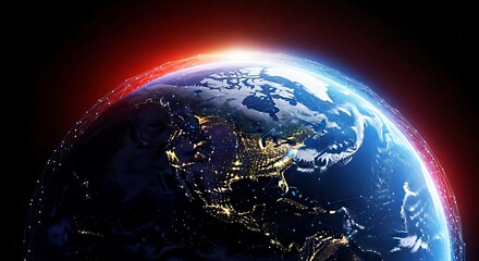 A breathtaking view of planet Earth from space, showing a red glowing atmosphere and a digital network connecting continents at night.