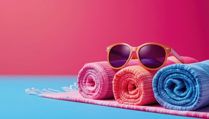 Sunglasses and rolled beach towels against a vivid backdrop