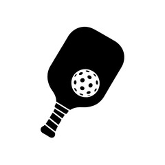 Pickleball paddle and ball vector illustration. Monochrome graphic icon featuring solid black paddle, white pickleball, textured grip. Simple, minimalist design for sports, recreation, logo, and athle