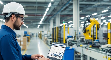 Engineer in a factory observing data on a laptop with a robotic arm in the background