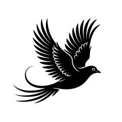Obraz premium Stylized black and white vector illustration of a flying bird with detailed wings and long tail feathers. Monochrome bird silhouette icon, logo, or decorative element. Simple, elegant design.