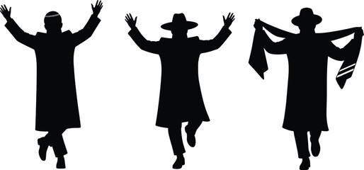 Silhouette of Hasidic Jewish men dancing in traditional attire, vector illustration with hats, tallit, and joyful expressions