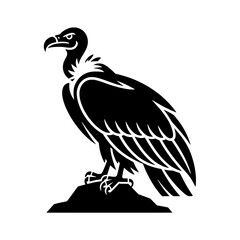 Fototapeta premium Monochrome vector illustration of a vulture perched on a rock. Black and white graphic featuring a bird of prey, detailed feathers, stylized beak, and talons. Simple, bold design element for wildlife,