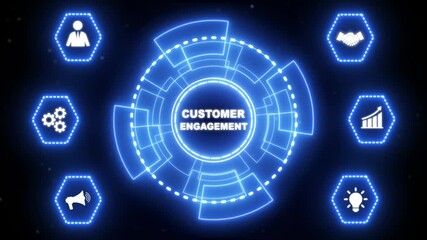 Glowing neon line blue circle animation. Business, Technology, Internet and network concept. Shows the inscription: CUSTOMER ENGAGEMENT.