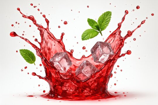 Cranberry splash with ice and mint leaves on a white background studio shot