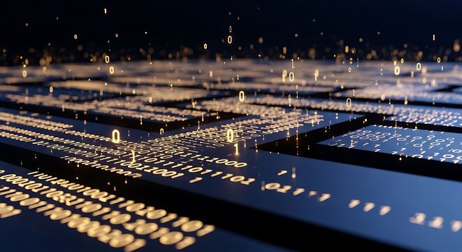 Glowing binary code on a dark reflective surface