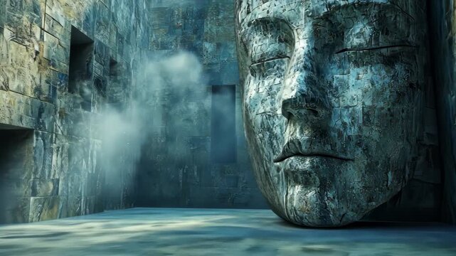 Enormous stone face sculpture in a dimly lit, ancient temple with mist and textured walls